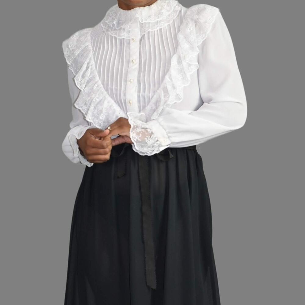 Vintage Act I Victorian Dress White Black Ruffle Lace Midi Prairie 80s Small